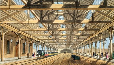 Nieuw Station, Lime Street, ingang van de tunnel en boekingskantoren, uit 