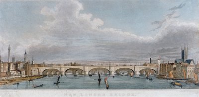 Uitzicht op de London Bridge vanuit het westen met boten op de rivier de Theems door S Rogers