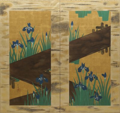 Irissen en Achtvoudige brug, tweedelig kamerscherm, ca. 1820 (inkt, kleur  bladgoud op zijde) door Sakai Hoitsu