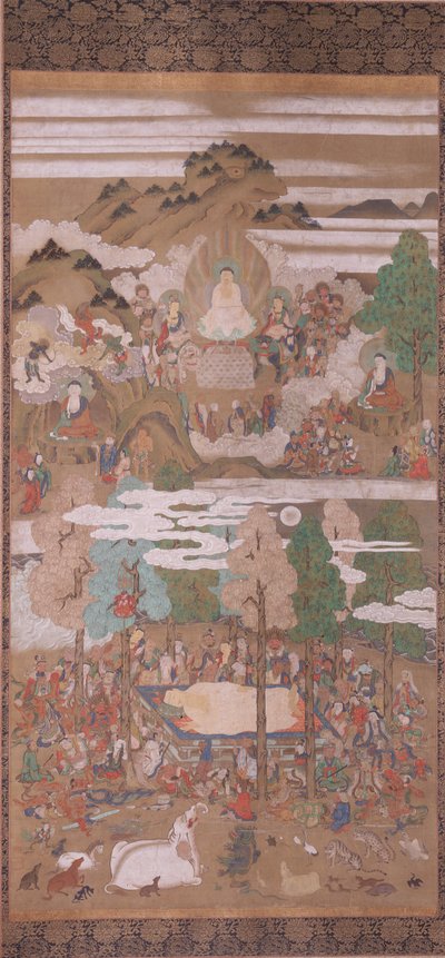 Dood van Sakyamuni Boeddha (inkt, kleur  goud op zijde) door Sakon Sadatsuna