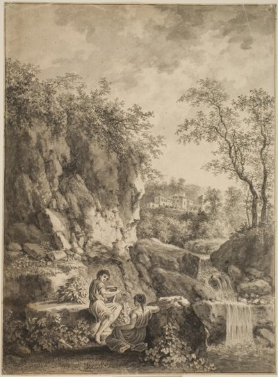 Rotsachtig landschap met een beek. Op de voorgrond een jonge man met een rietfluit en een jonge vrouw door Salomon Gessner