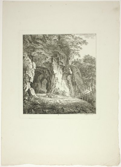 Herders en schapen rustend onder een brug, plaat zeven uit Paysages Dédiés à M. Warelet door Salomon Gessner