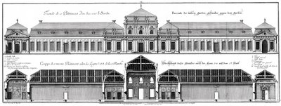Opstand van de tuinfaçade en doorsnede van het onderste kasteel door Salomon Kleiner