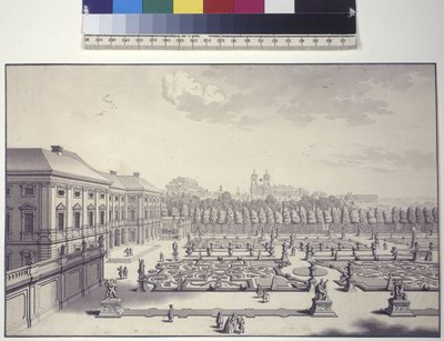Volledige pagina: Paleis Liechtenstein, zicht op de tuinen naar het zuiden door Salomon Kleiner