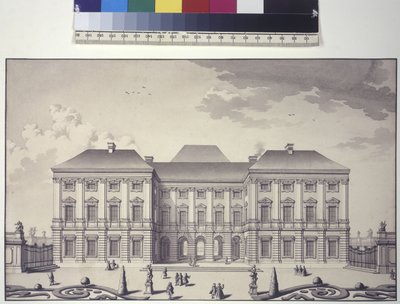Volledige pagina: vooraanzicht van de tuingevel van paleis Liechtenstein in Rossau (pentekening) door Salomon Kleiner