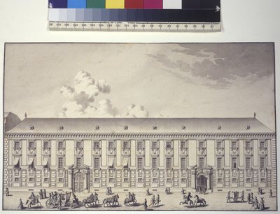Volledige pagina: vooraanzicht van het paleis bij Nos (pentekening) door Salomon Kleiner