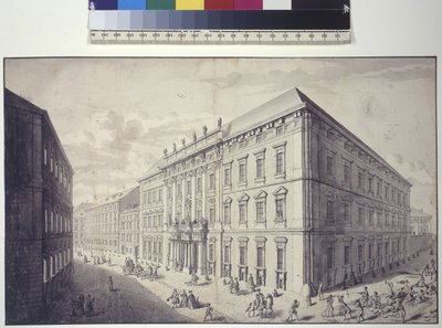 Volledige pagina: schuin zicht op het stadspaleis van Kaunitz-Liechtenstein op nr (pentekening) door Salomon Kleiner