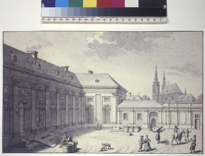 Volledige pagina: zicht op de binnenplaats vooraan de Orangerie (pentekening) door Salomon Kleiner