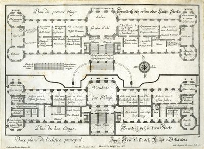 Plattegrond van de begane grond en de hoofdverdieping van het bovenste kasteel door Salomon Kleiner