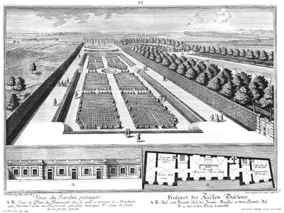 Prospect van de keukentuin, grond- en opstand van het bronhuis door Salomon Kleiner