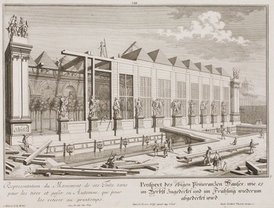 Prospect van het sinaasappelenhuis tijdens de bedekking voor de winter door Salomon Kleiner