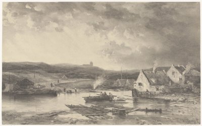Rivierlandschap met enige huizen en een watermolen door Salomon Leonardus Verveer