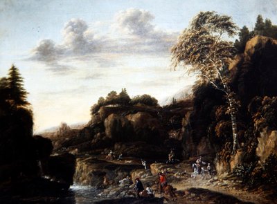 Boslandschap met Hertenjacht bij een Rivier door Salomon Rombouts
