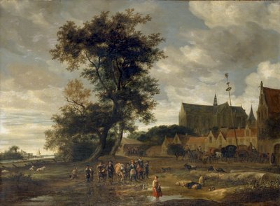 Scène voor een meiboom met de kerk van Alkmaar op de achtergrond door Salomon Ruysdael