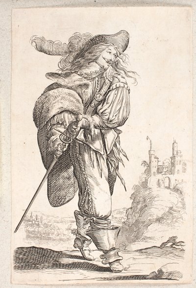 Lopende man, driekwart profiel naar rechts, grijpt naar het zwaard bij zijn heup. Op de achtergrond een kasteel door Salomon Savery