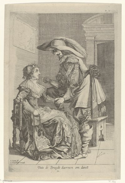 Man biedt een vrouw een muntstuk aan door Salomon Savery