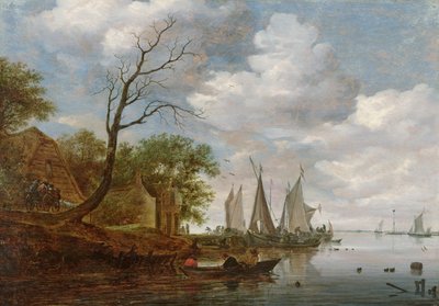 Rivierscène met zeilboten die aan de oever lossen door Salomon van Ruisdael or Ruysdael