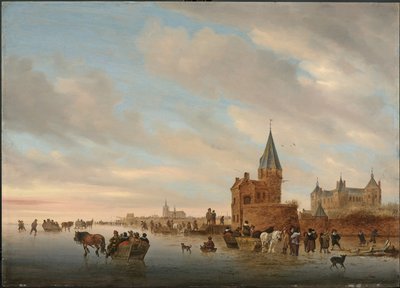 Winterlandschap met ijsplezier voor een Capriccio van de stad Arnhem door Salomon van Ruisdael or Ruysdael