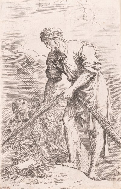 Een man die een net trekt met twee figuren achter hem, uit de serie 