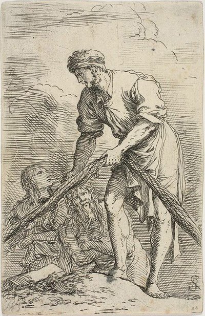 Een man trekt een net, met twee figuren achter hem, uit de Figurine-serie door Salvator Rosa