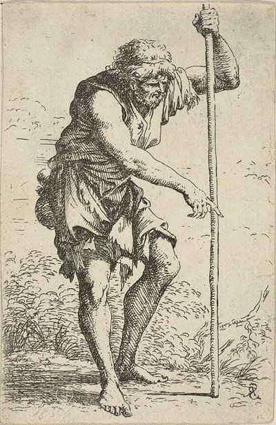 Een Oude, Haveloze Man met een Staf en een Grond aan zijn Heup, uit Figurina door Salvator Rosa
