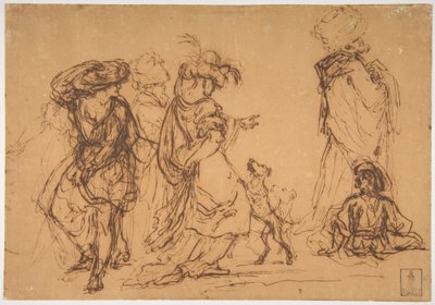 Vijf figuren in fantastische kostuums met twee honden door Salvator Rosa
