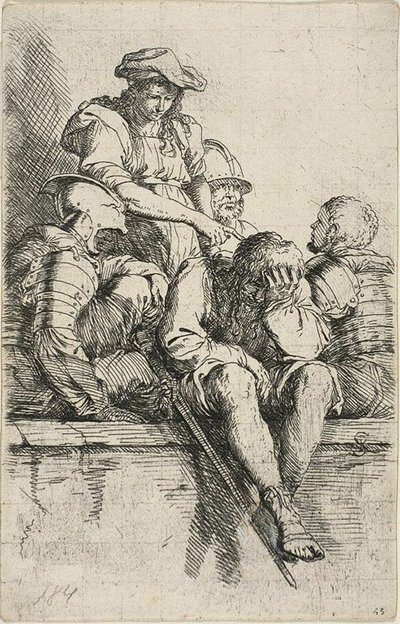 Vier krijgers en een staande jongeman, die naar een van hen wijst, uit de Figurine serie door Salvator Rosa