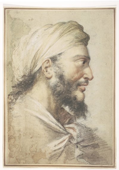 Hoofd van een bebaarde man in profiel naar rechts met een tulband door Salvator Rosa