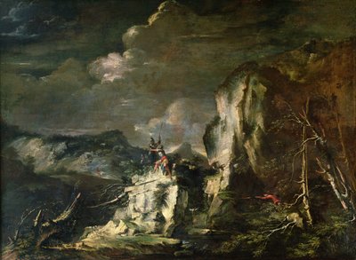 Rotsachtig landschap met een jager en krijgers door Salvator Rosa