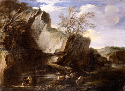 Rotsachtig landschap met herders en vee door Salvator Rosa