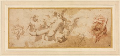 Blad met Satirische Studies (Amorini Rijdend op Fallussen) door Salvator Rosa