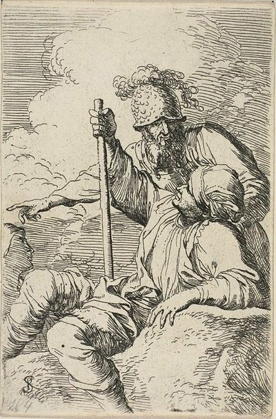 Drie Krijgers, een zittend op een voorgrondrots met een staf; de tweede staat achter hem en wijst, de derde is te zien als een gezicht achter hen, uit de Figurine-serie door Salvator Rosa