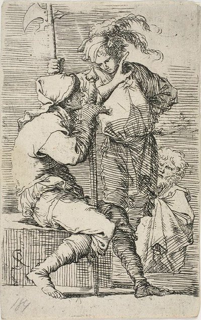 Twee krijgers, een met een zwaard, de ander met een hellebaard; een oude bebaarde man achter hen, uit Figurine door Salvator Rosa
