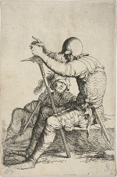 Twee krijgers, een zittend op een lage voorgrond rots en een oorlogshamer vasthoudend; de andere figuur zittend op de grond achter hem, een knots over zijn rechter schouder houdend en omhoog kijkend naar de voorgrond figuur, uit de Figurine serie door Salvator Rosa