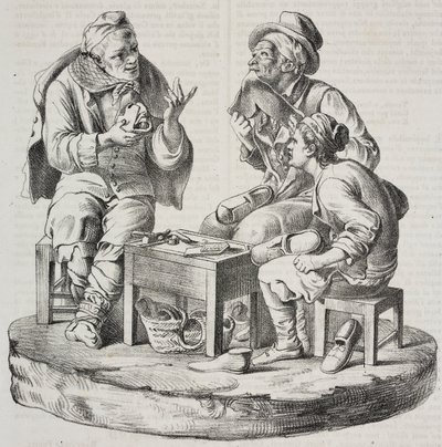 Schoenmaker in geschil, beeldjes door Giacomo Bongiovanni en Giuseppe Vaccaro, lithografie door Salvatore Puglia uit Poliorama Pittoresco, nr. 32, 18 maart door Salvatore Puglia