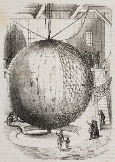 Koperen heteluchtballon uitgevonden door Edmond Marey-Monge, Frankrijk, lithografie door Salvatore Puglia uit Poliorama Pittoresco, nr. 41, 18 mei door Salvatore Puglia