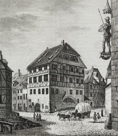 Huis van Albrecht Dürer (1471-1528) in Neurenberg, Duitsland, lithografie door Salvatore Puglia uit Poliorama Pittoresco, nr. 31, 12 maart door Salvatore Puglia