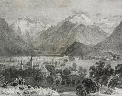 Uitzicht op Interlaken, Zwitserland, lithografie door Salvatore Puglia uit Poliorama Pittoresco, nr. 36, 16 april door Salvatore Puglia