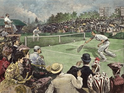 Het Lawn Tennis Kampioenschap op Wimbledon 1891, de heren W Baddeley en J Pim strijdend voor de Finale (ingekleurde gravure) door Samuel (after) Begg