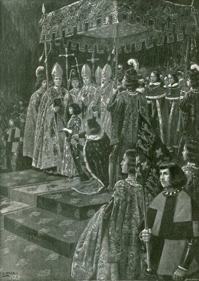 De overhandiging van de sporen en het zwaard bij de kroning van Hendrik VI (litho) door Samuel (after) Begg
