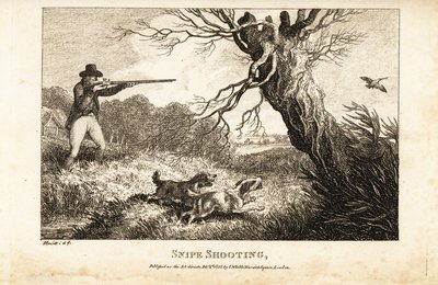 Jager met musket en spaniels op jacht naar snippen nabij een rivier door Samuel (after) Howitt