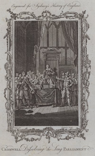 Cromwell ontbindt het Lange Parlement (gravure) door Samuel (after) Wale
