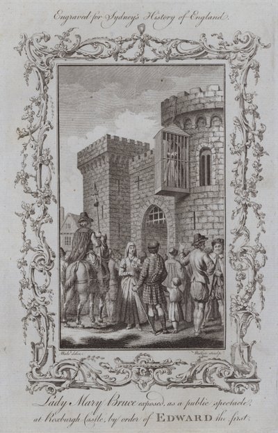 Lady Mary Bruce tentoongesteld als een openbaar schouwspel in Roxburgh Castle, op bevel van Edward I door Samuel (after) Wale