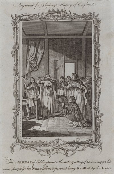 De abdis van het klooster van Coldingham snijdt haar neus en bovenlip af als voorbeeld voor haar nonnen om verkrachting door de Denen te voorkomen door Samuel (after) Wale