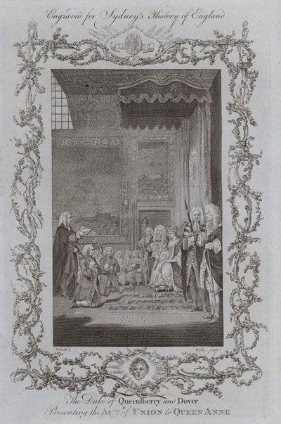 De hertog van Queensberry en Dover presenteert de Act of Union aan koningin Anne (gravure) door Samuel (after) Wale