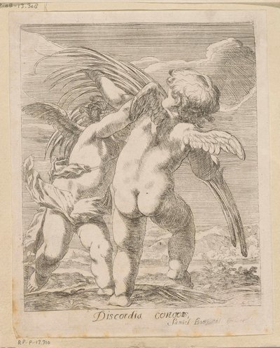 Twee putti ruziën om een palmtak door Samuel Bottschild