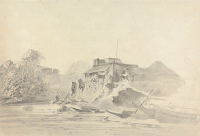 Rivierscène met inheemse gebouwen door Samuel Davis
