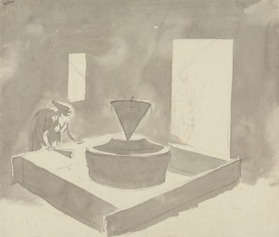 Vrouw die een apparaat bedient (meelmolen?) door Samuel Davis