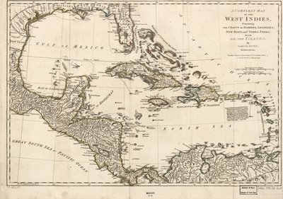Een complete kaart van West-Indië met de kusten van Florida, Louisiana, Nieuw-Spanje en Terra Firma: Met alle eilanden. door Samuel Dunn