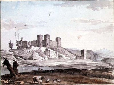 Rhuddlan Castle vanaf de brug door Samuel Hieronymous Grimm